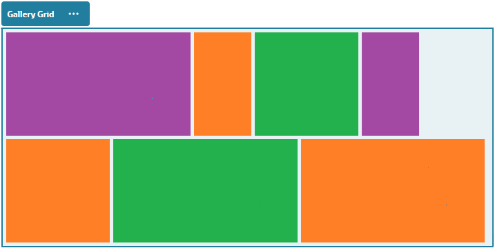 Shows an example of a gallery grid with two rows of colored, rectangular images of different widths to show that rows have a uniform height, but no defined column boundaries.