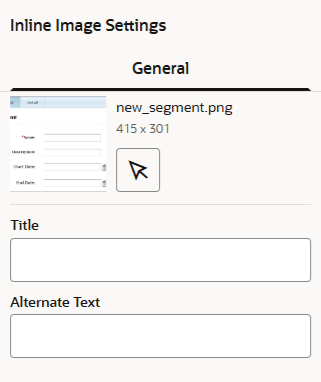 Shows a window with options for specifying specify an image, title, and alternate text. The dialog shows a preview of the image and its dimensions in pixels.