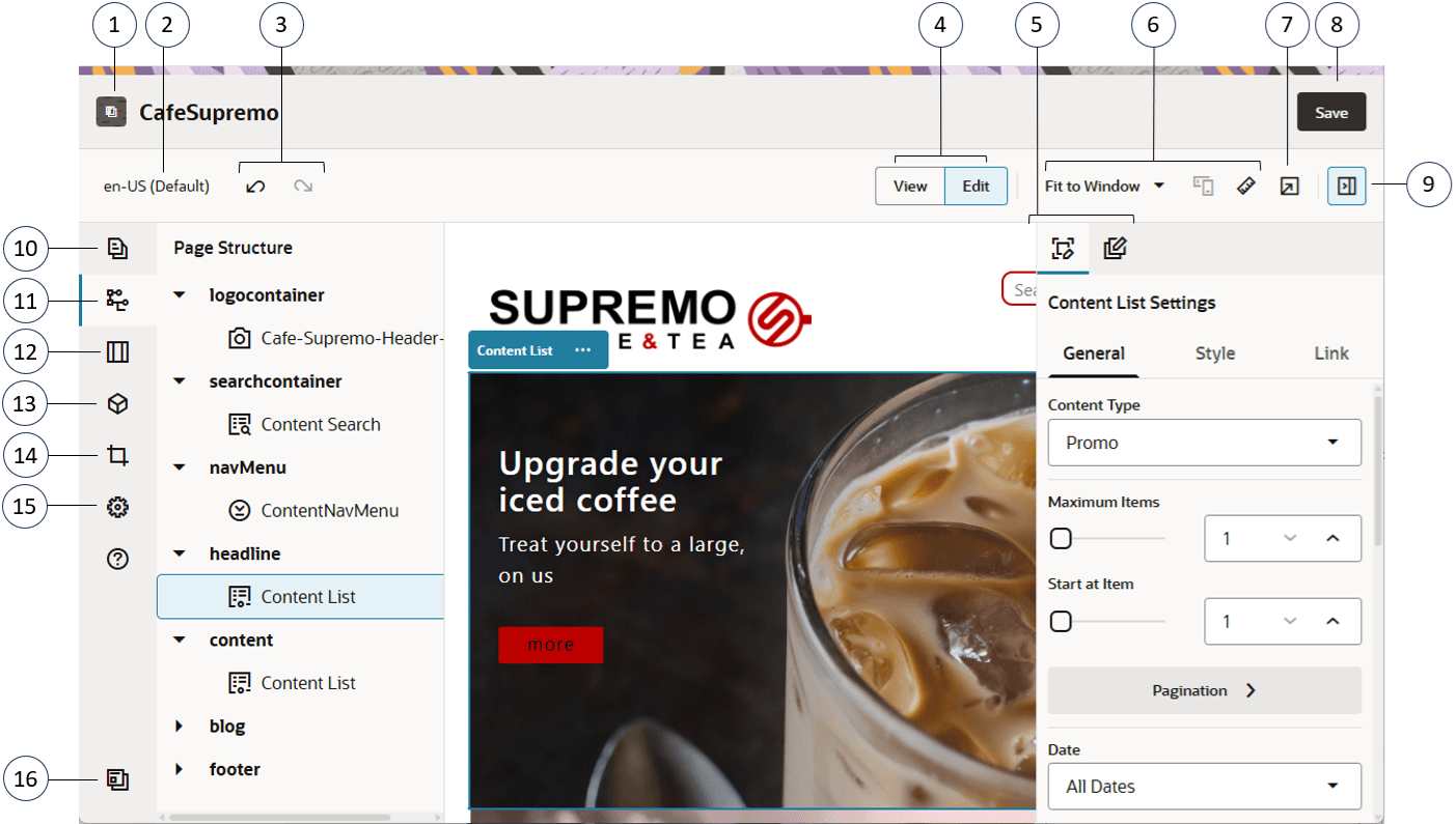 Shows the site editor page with areas of interest identified by number. The numbered areas are described in the text that follows.