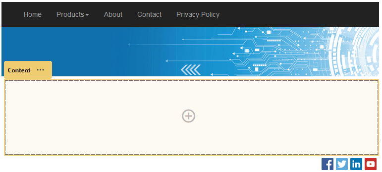 Shows a page with the content defined by the theme and page layout. It includes a menu bar at the top, an image banner beneath the menu bar, a single empty slot, and a social bar at the bottom of the page.