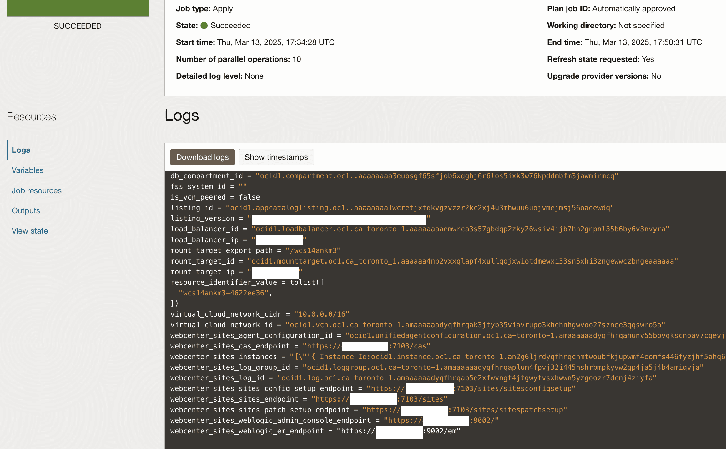 The image shows the page that is displayed after the provisioning has started. It shows details such as OCID, compartment, job type, state, and so on. A Logs section is also shown.