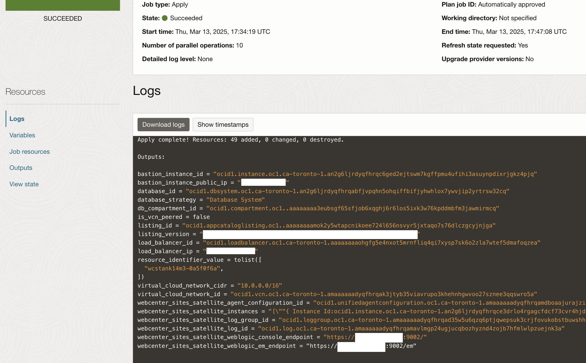 The image shows the page that is displayed after the provisioning has started. It shows details such as OCID, compartment, job type, state, and so on. A Logs section is also shown.