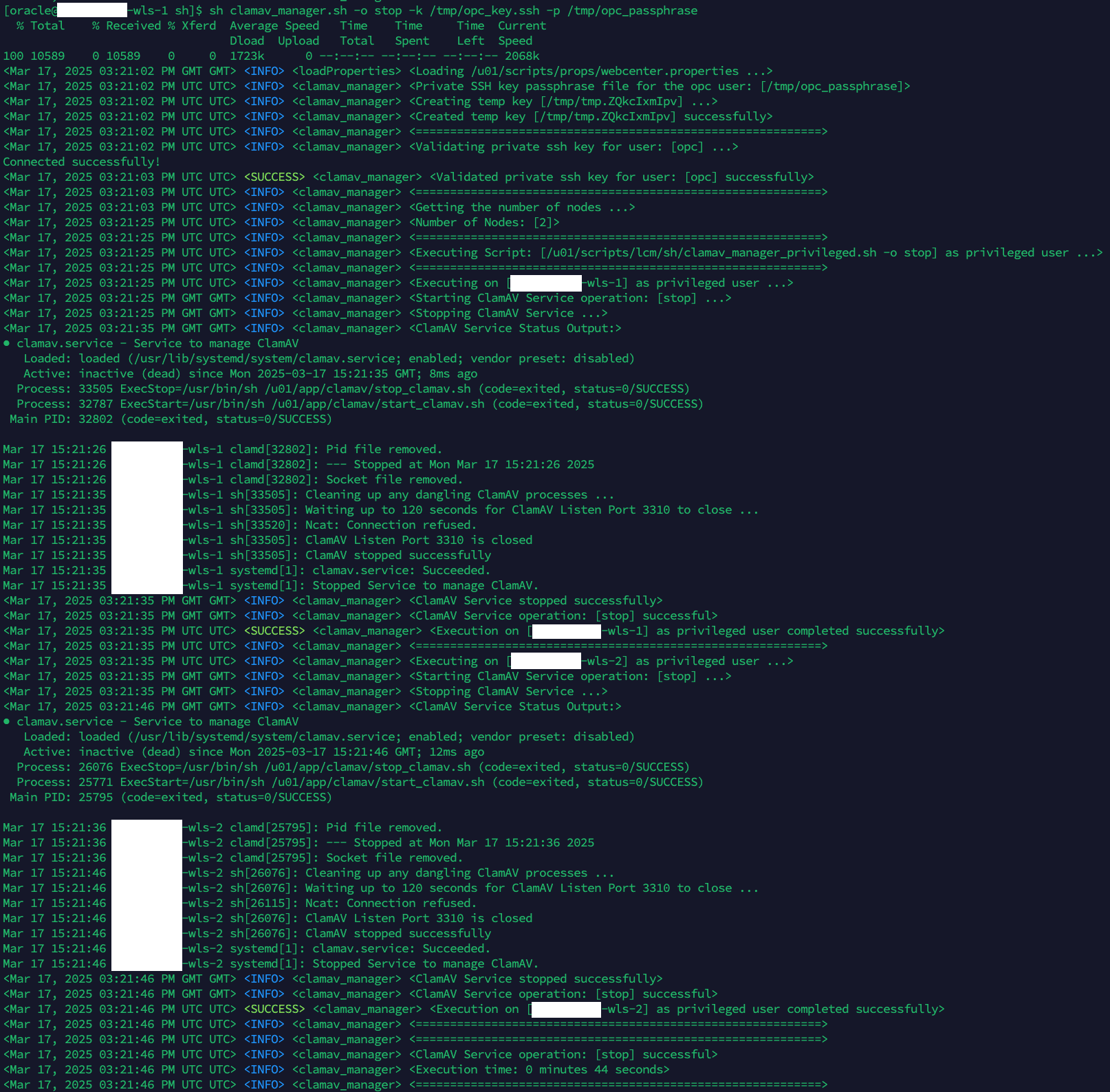 This image shows an example of expected clamav service stop operation output.