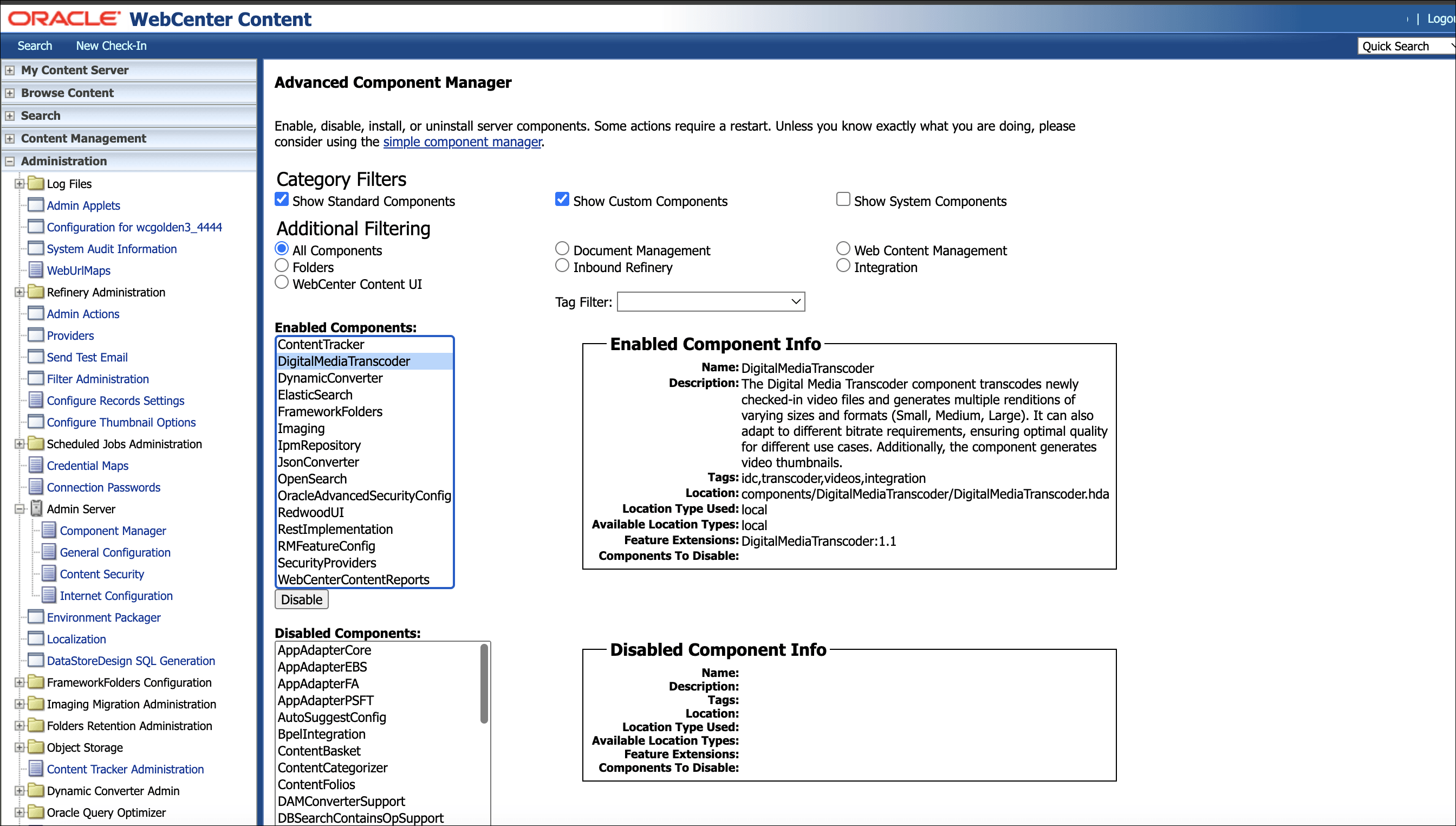 Component Manager page