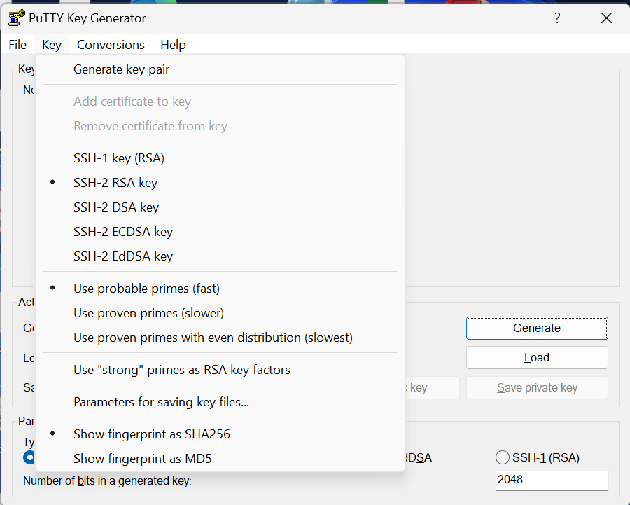 This image shows PuttyKeyGen settings.