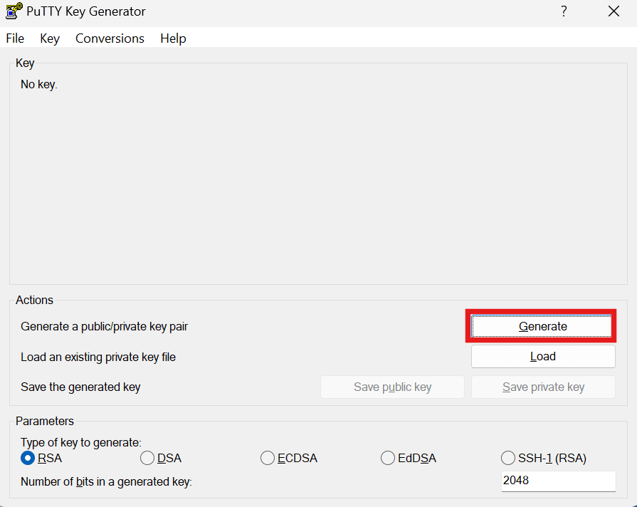 This image shows the Generate button in the PuTTY Key Generator settings.