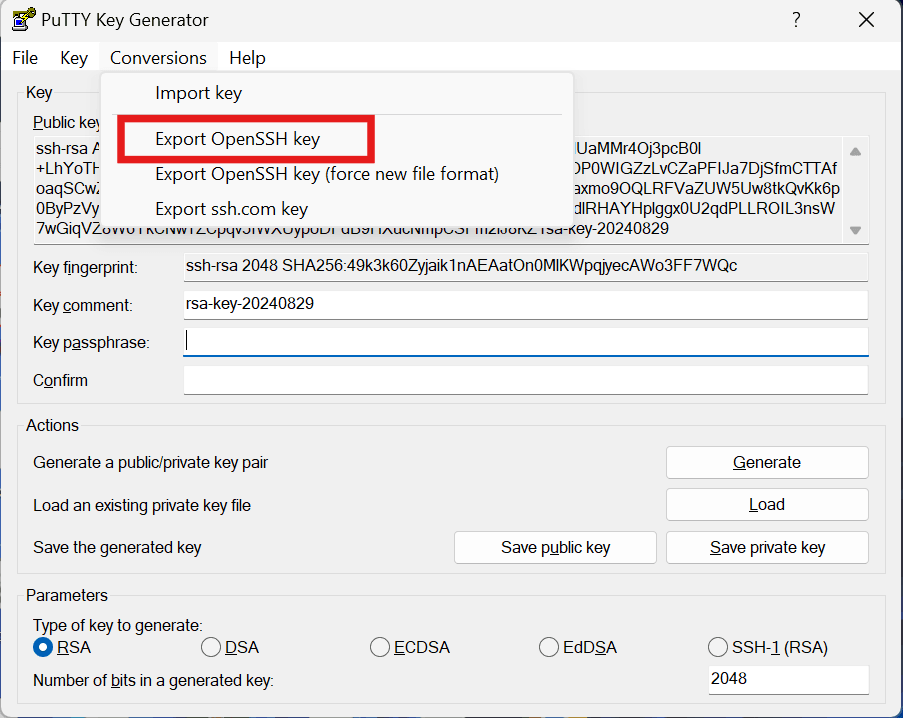 This image shows the Exporting OpenSSH Key option.