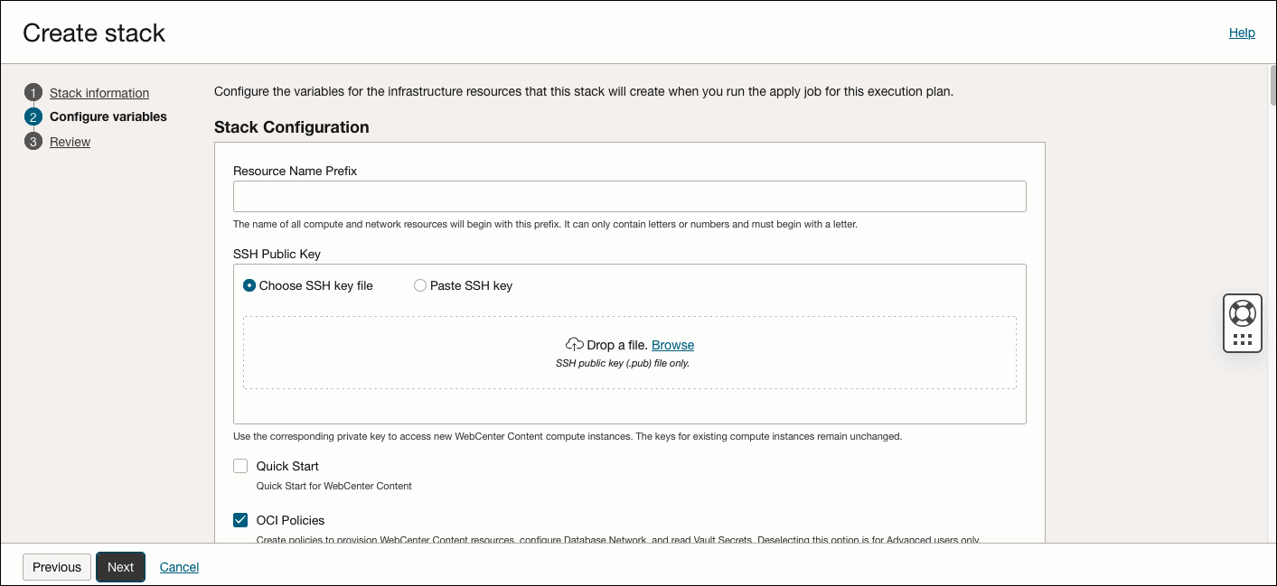This image shows the Quick Start check box in the Stack Configuration section.