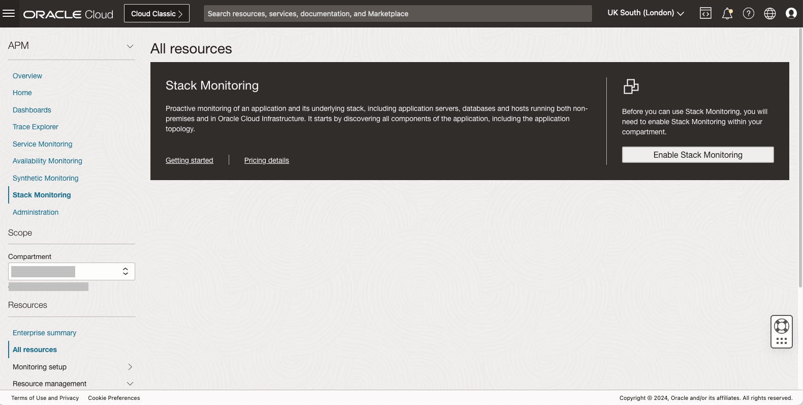 This image shows the Enable Stack Monitoring button.