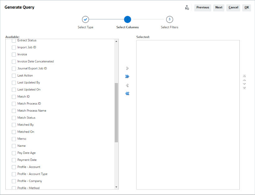 screenshot of generate query columns to select for Reconciliation Type report