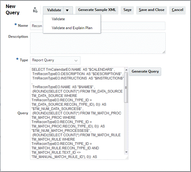 Screenshot of Reconciliation Type query with generated query.