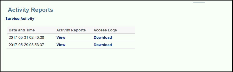 Activity Reports screenshot showing access from Services