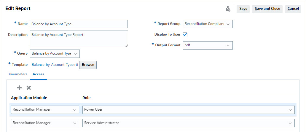 Access Tab on Edit Report dialog