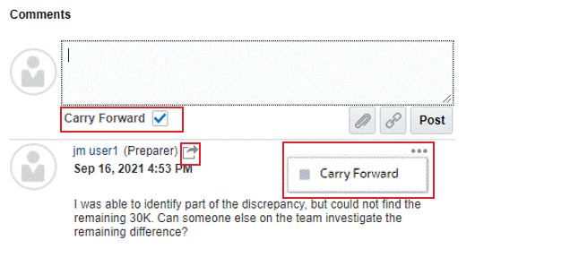 This image displays the Carry Forward option for comments. And the Carry Forward icon that indicates that a comment can be carried forward.