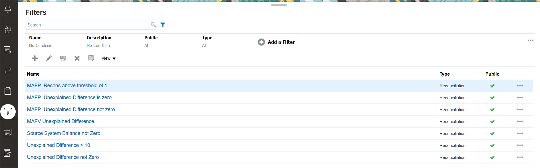 Filters page in Account Reconciliation