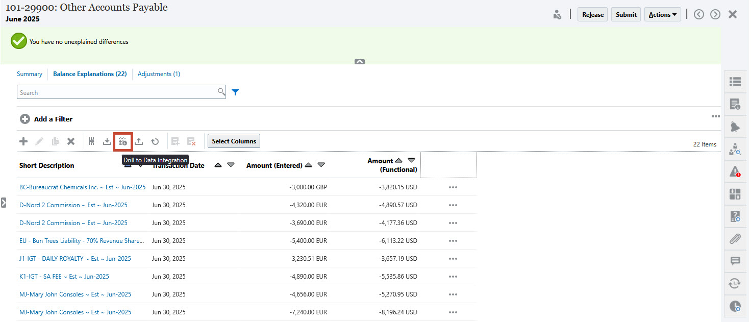 Drill to Data Integration from Reconciliation Summary Drill to Data Integration from Reconciliation Summary