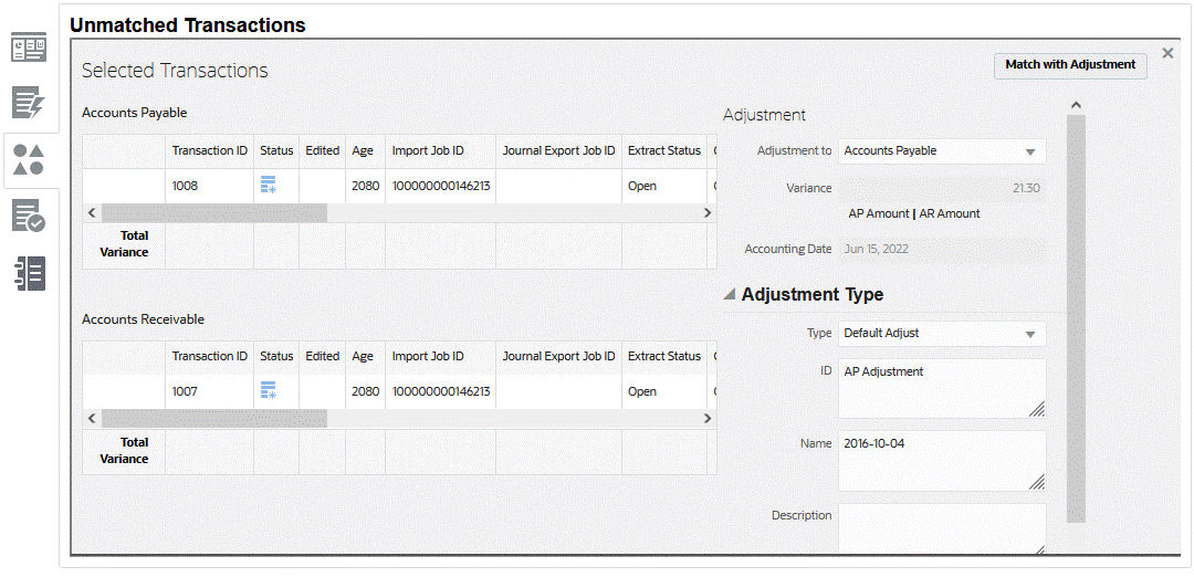 screenshot of Adjustment transaction details screen