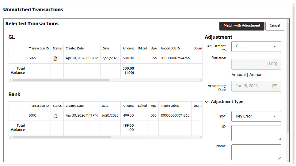 screenshot of Adjustment transaction details screen