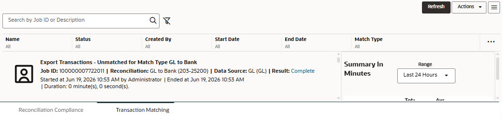 screenshot of export transactions file name showing in Job History