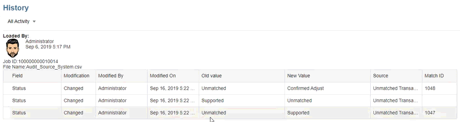 Audit history accessed from Match window