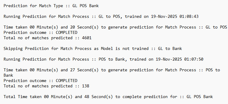 Log file of the Predict Match job for the GL POS Bank match type