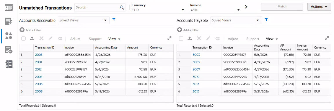 Unmatched Transactions Tab of the Matching dialog