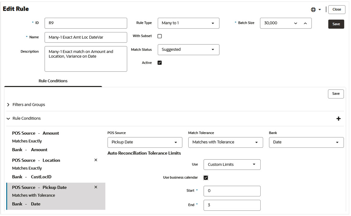 Example of date tolerance values and business calendar check box