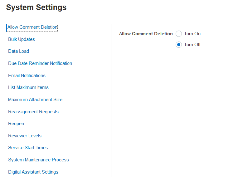 System Settings options