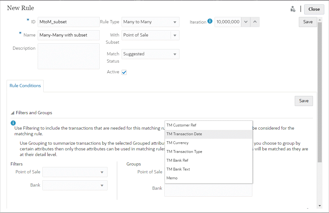 This image shows the New Rule dialog for Many to Many with Subset rules