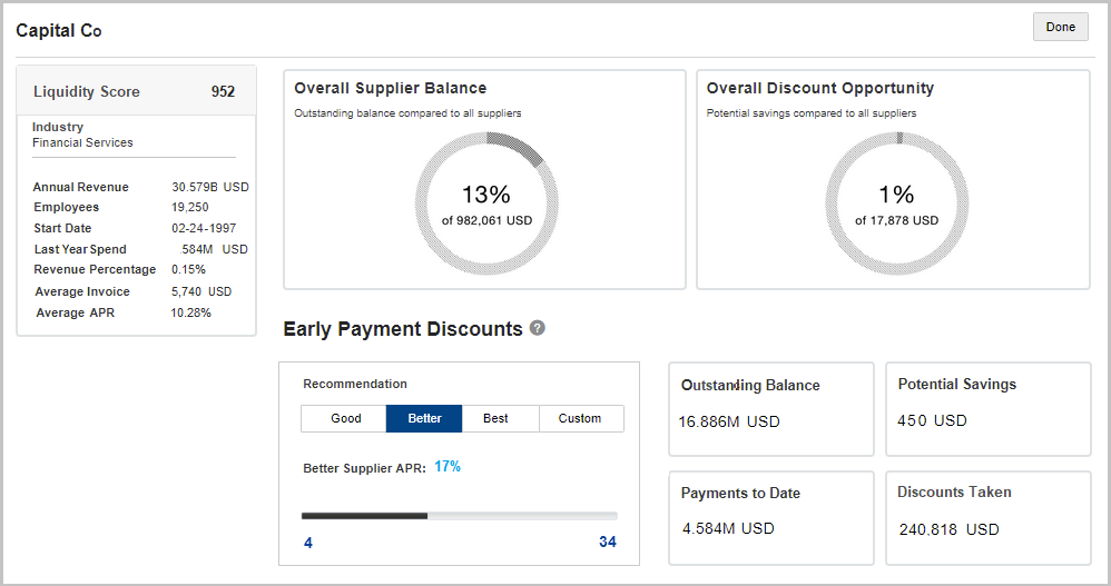 Supplier Details page showing balance, opportunity, and potential savings based on APR percentage for discounts