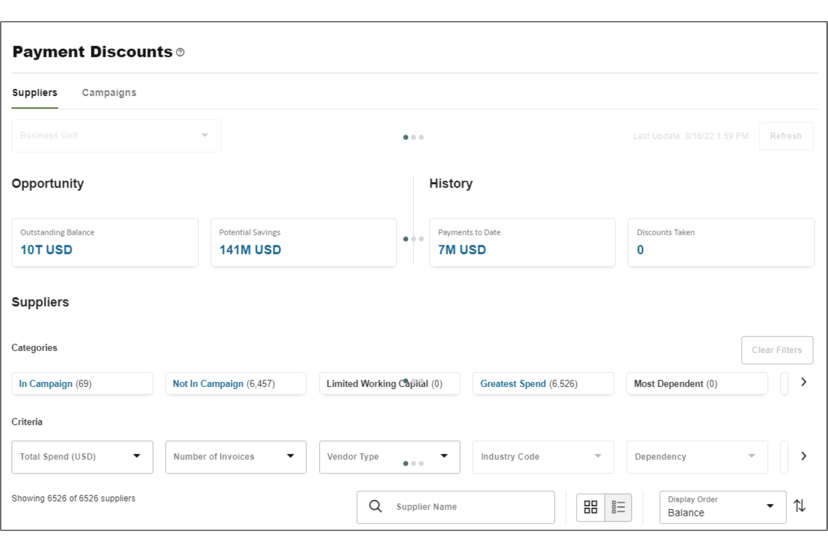 Suppliers page showing options to show suppliers by category