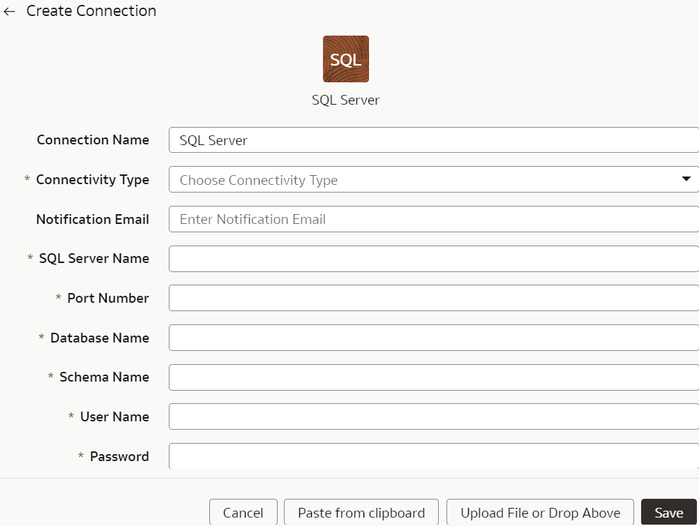 Create Connection for SQL Server dialog