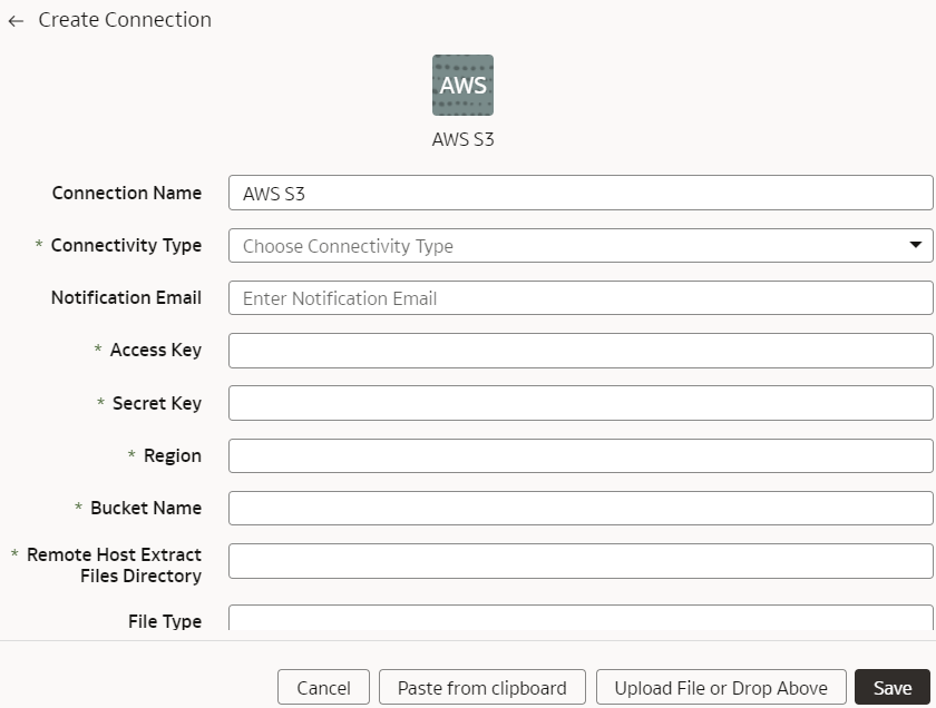 Create Connection for AWS S3 dialog