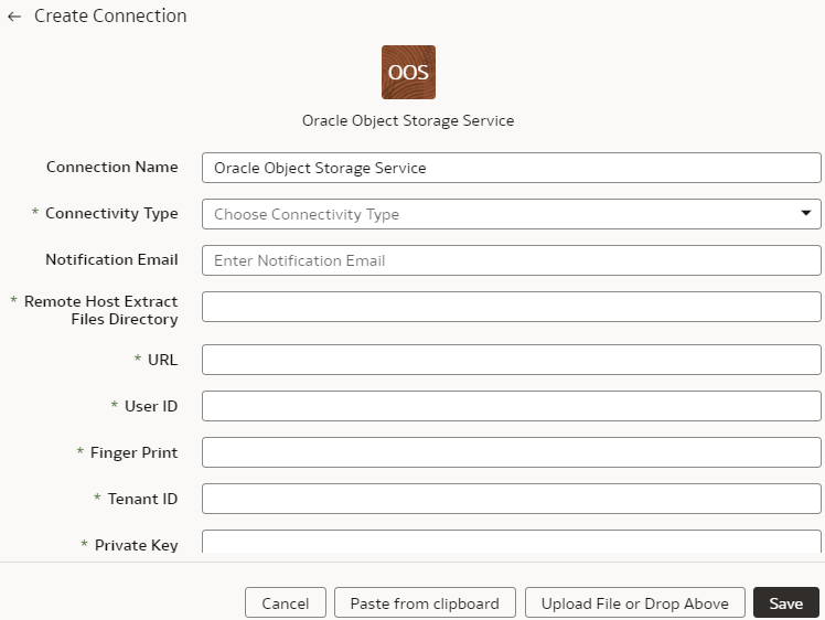 Create Connection for Oracle Object Storage Service dialog