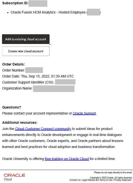 Add to existing cloud account option in the Oracle Fusion Data Intelligence subscription email