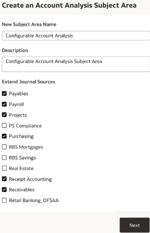 Create an account analysis subject area dialog