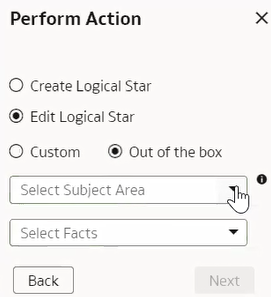 Perform Action dialog displaying the Select Subject Area field for the Out of the box objects