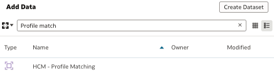 Add Data dialog displaying HCM - Profile matching subject area