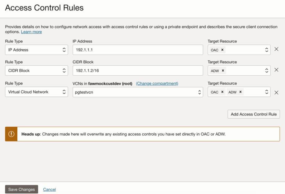 Access Control Rules dialog