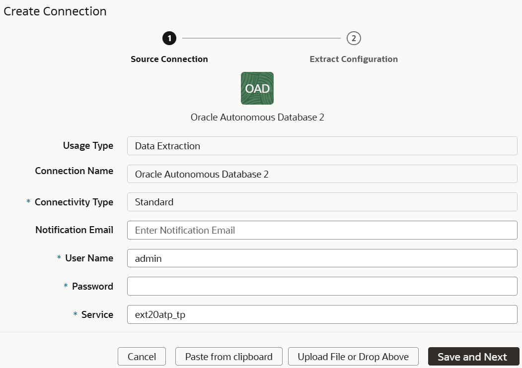 Create Connection for Oracle Autonomous Database dialog displaying the Source Connection tab