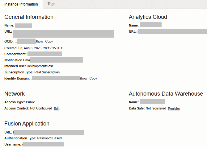 Instance details page displaying the Register option for Data Safe under Autonomous Data Warehouse