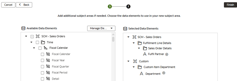 The Modify a Subject Area – SCM - Sales Orders page displaying the selected data elements The Modify a Subject Area – SCM - Sales Orders page displaying the selected data elements