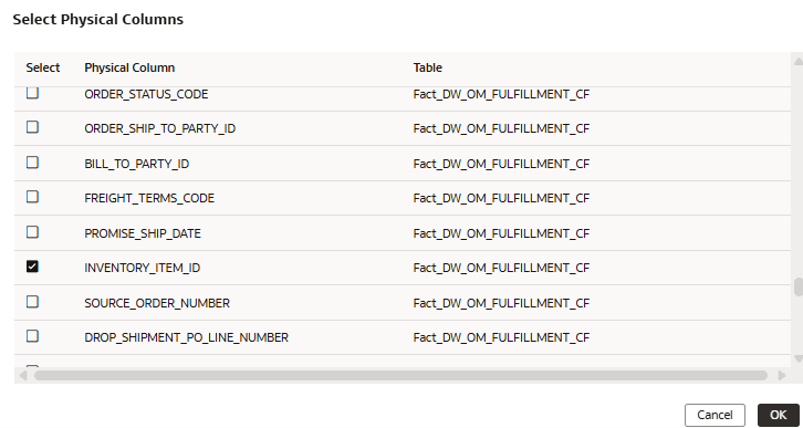 The Select Physical Columns page The Select Physical Columns page