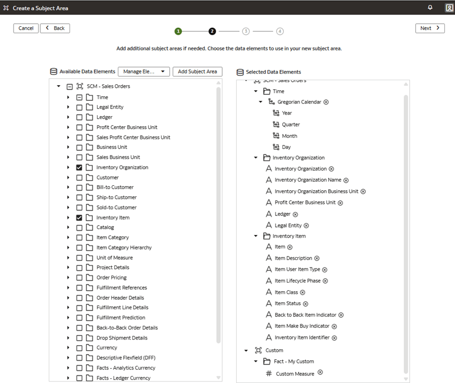 Step 2 of the wizard on the Create a Subject Area page displaying the prebuilt dimensions that you joined to the custom fact in the logical star Step 2 of the wizard on the Create a Subject Area page displaying the prebuilt dimensions that you joined to the custom fact in the logical star