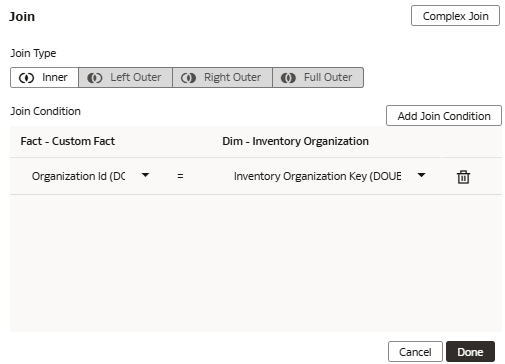 The Join dialog displaying the Organization Id (DOUBLE) fact joined with the Inventory Organization Key (DOUBLE) dimension The Join dialog displaying the Organization Id (DOUBLE) fact joined with the Inventory Organization Key (DOUBLE) dimension