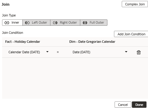 Join dialog displaying the Holiday Calendar fact and its corresponding Date Gregorian Calendar dimension