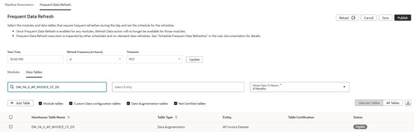Frequent Data Refresh dialog: Select Table Frequent Data Refresh dialog: Select Table