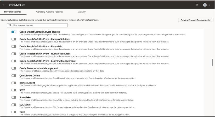 The Oracle Object Storage Service Targets preview feature under the Preview Features tab on the Enable Features page