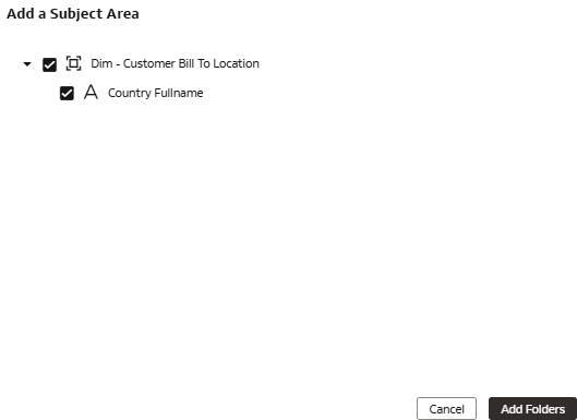 The Add a Subject Area dialog displaying the extended Country Full Name column in the prebuilt Customer Bill-to Details folder The Add a Subject Area dialog displaying the extended Country Full Name column in the prebuilt Customer Bill-to Details folder