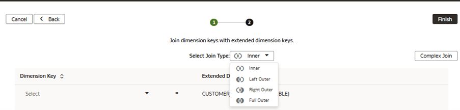 Step 2 of the Extend a Dimension wizard where you select the join type Step 2 of the Extend a Dimension wizard where you select the join type